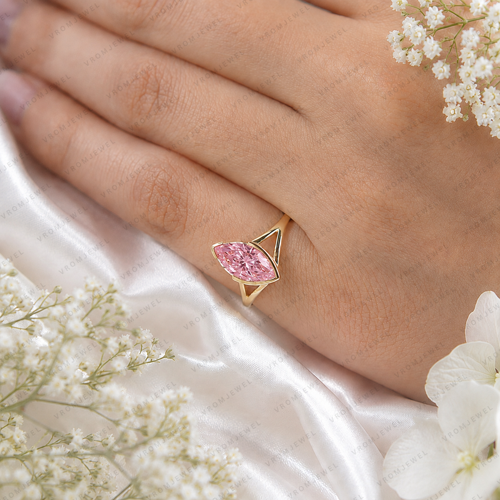 1.50 Ct Marquise Pink Lab Grown Diamond Ring, Pink Diamond Engagement Ring, Modern Marquise Solitaire Ring, Unique Gold Bridal Ring