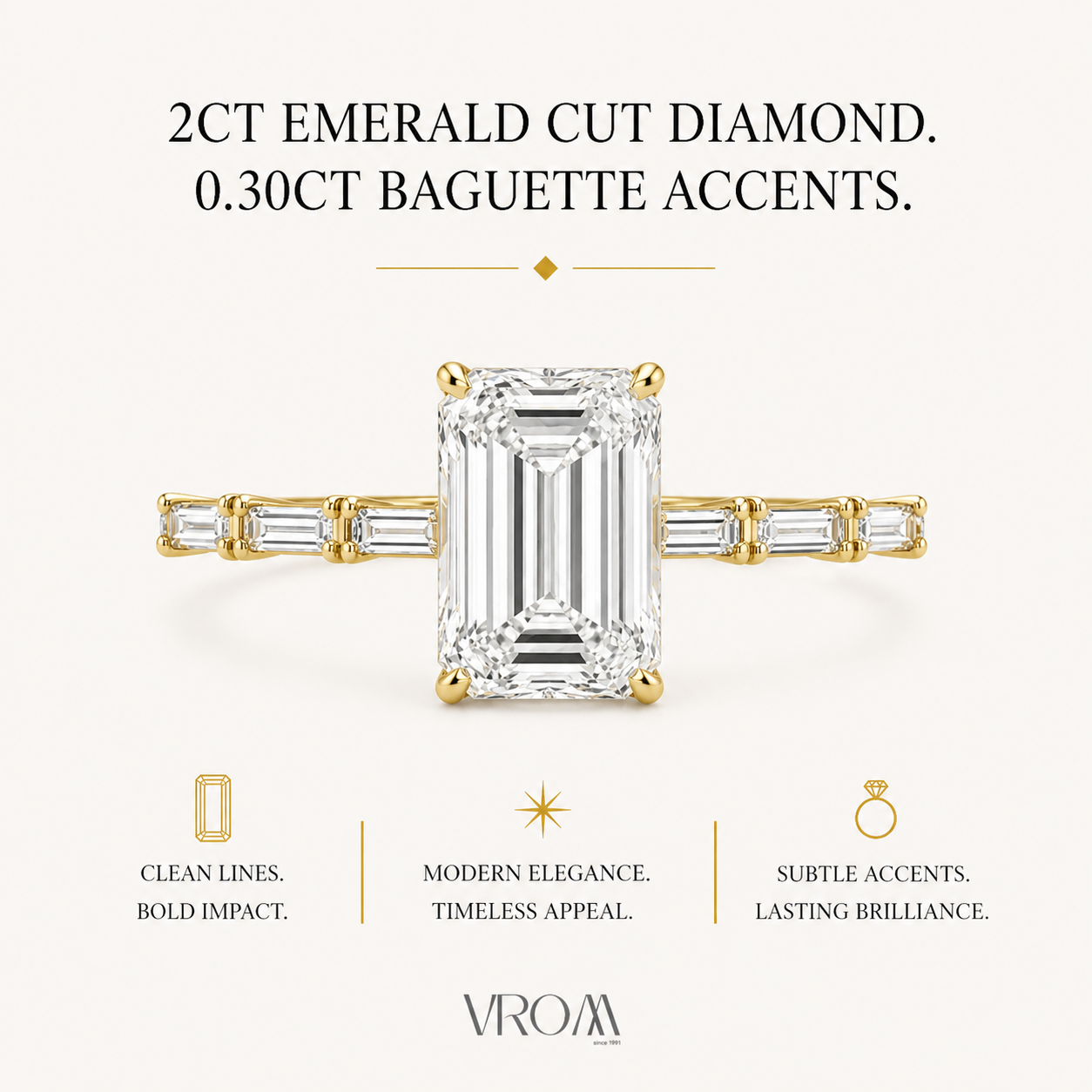 Emerald Cut Lab Grown Diamond Ring with Baguette Side Accents | 2 CT IGI Certified | 14K Gold Elegant Ring