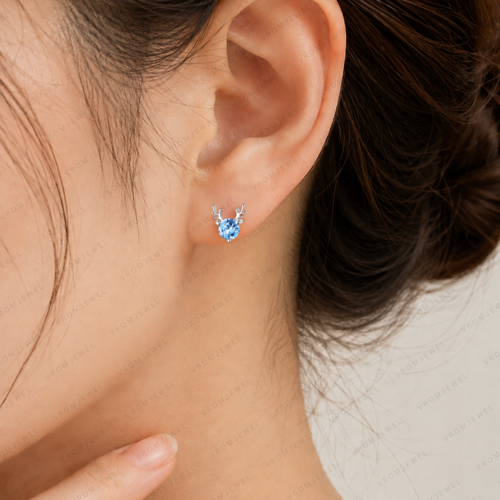 Little Deer Blue Lab Grown Diamond Stud Earrings, Round Blue Diamond Earrings, Deer Antler Gold Studs, Animal Inspired Earrings