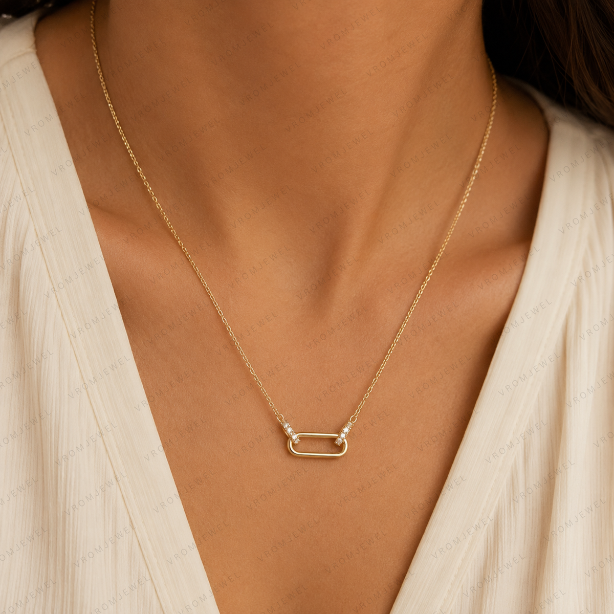 Geometric Link Necklace, Lab Grown Diamond Link Pendant, Paperclip Style Necklace, Solid Gold Necklace, Modern Minimalist Necklace