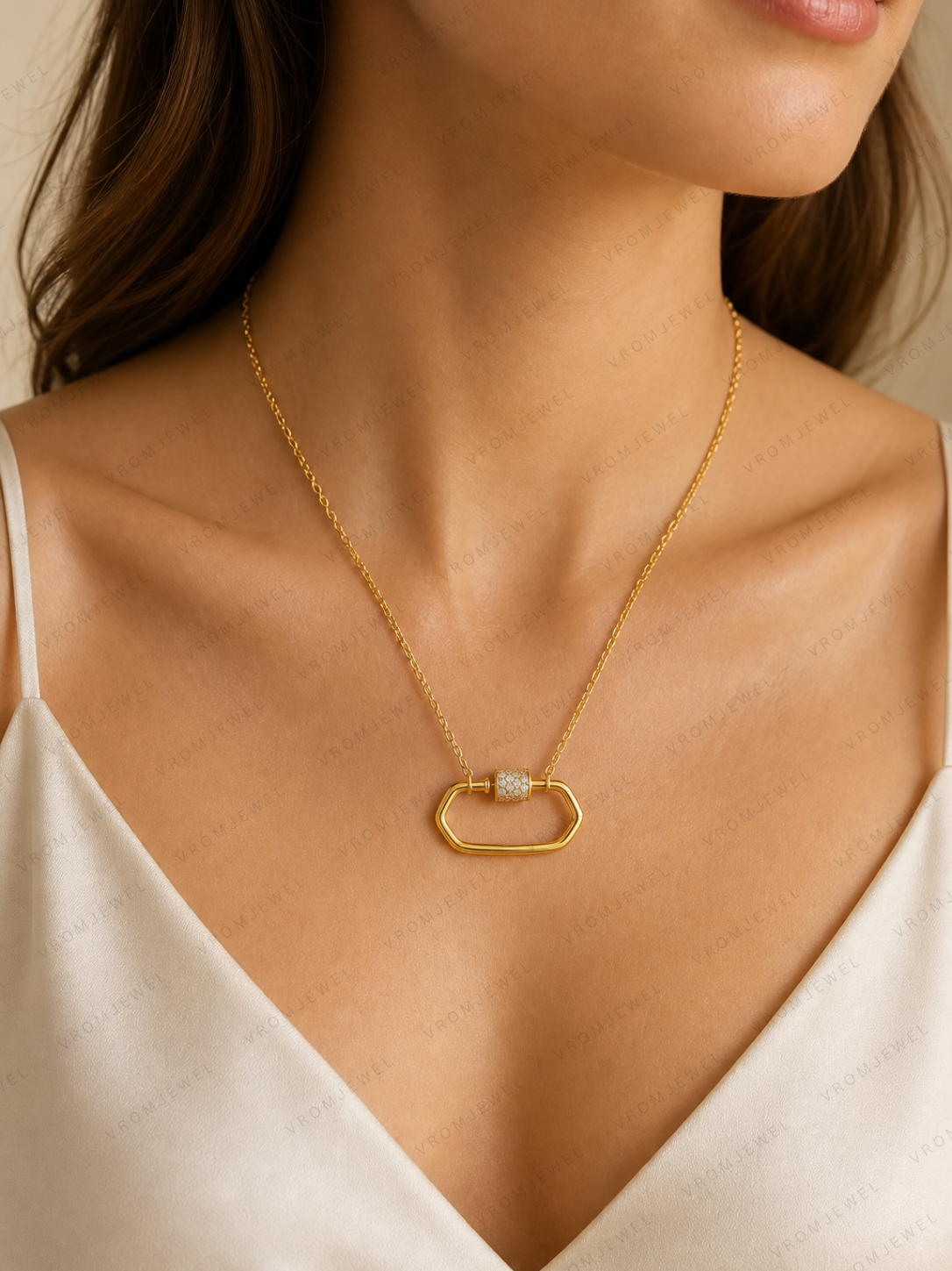 Double Layer Hollow Necklace, Geometric Link Diamond Necklace, Lab Grown Diamond Necklace, Solid Gold Minimalist Necklace, Modern Necklace,