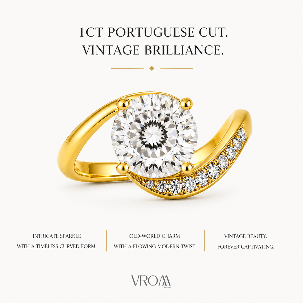 Portuguese Cut Lab Grown Diamond Ring | 1 CT IGI Certified | Twisted Pave Band | Vintage Inspired Engagement Ring | 14K Gold