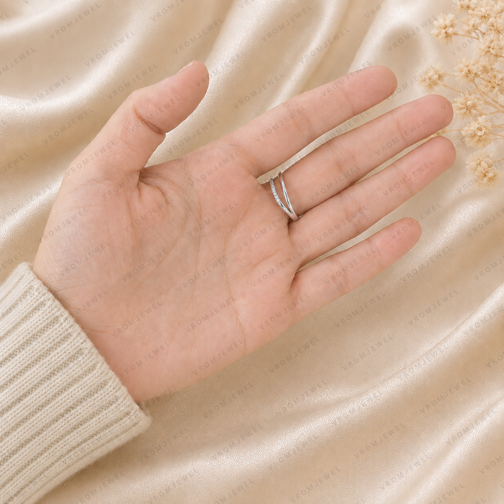Double Wave Diamond Wedding Band | Lab Grown | 14K Gold | Stacking Ring