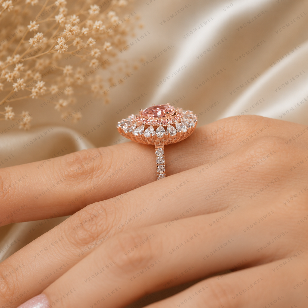 Pink Pear Shape Lab Grown Diamond Engagement Ring, Floral Halo Diamond Ring, Pink Diamond Ring, Pavé Band, 10K 14K 18K Gold