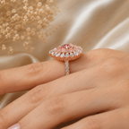 Pink Pear Shape Lab Grown Diamond Engagement Ring, Floral Halo Diamond Ring, Pink Diamond Ring, Pavé Band, 10K 14K 18K Gold