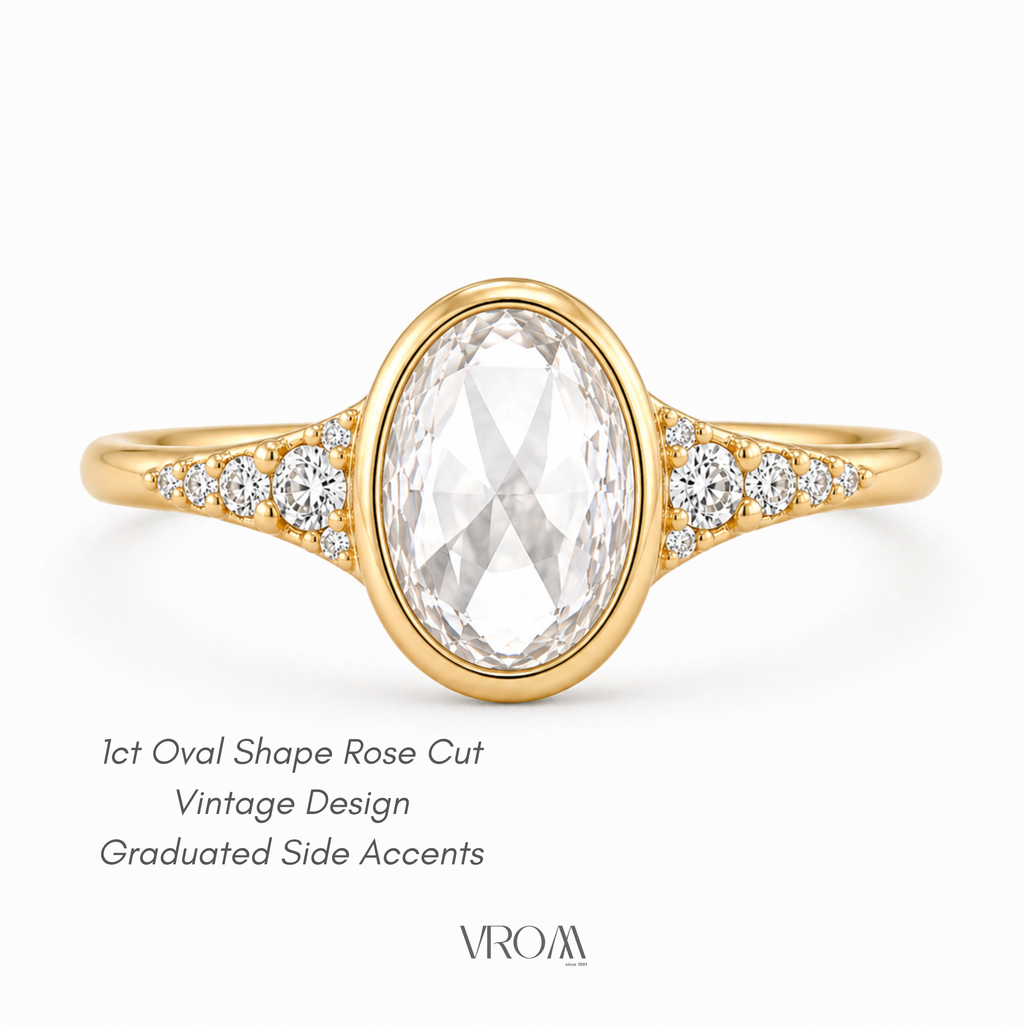 Oval Rose Cut Lab Grown Diamond Ring | 1 CT | Bezel Setting | Graduated Side Accents | Art Deco Vintage Engagement Ring | 14K Gold