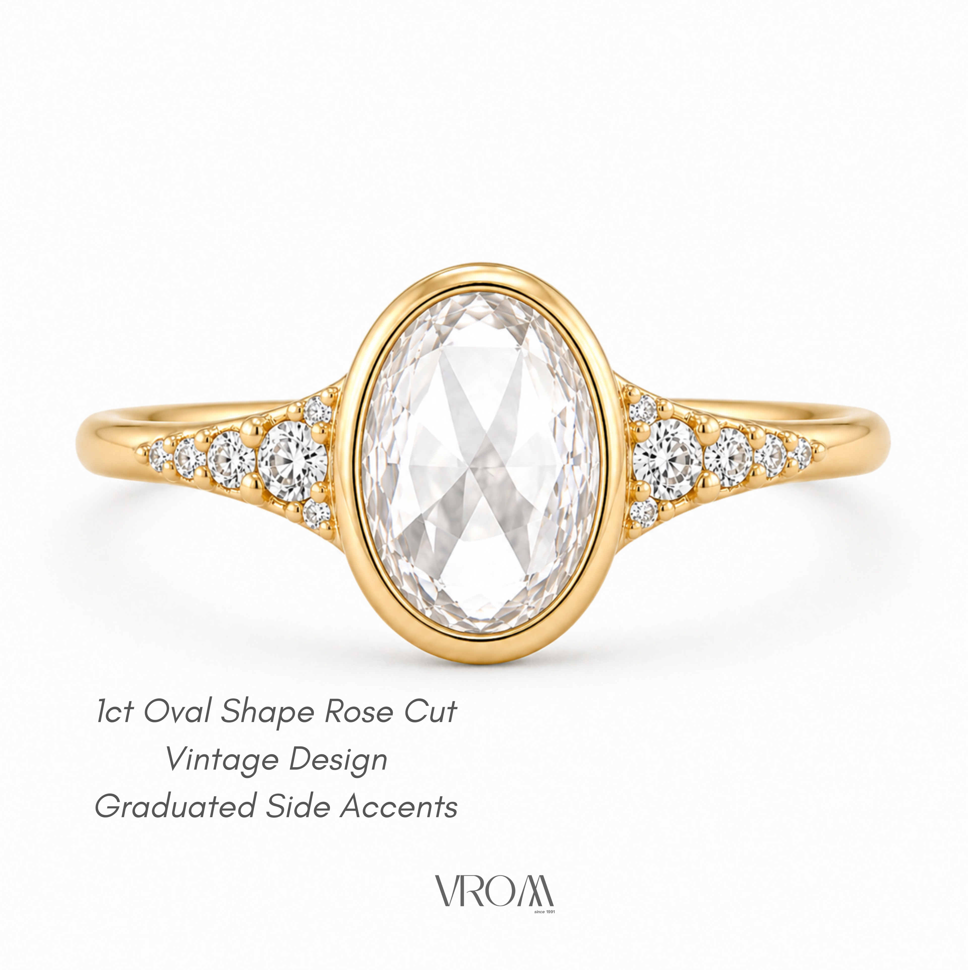 Oval Rose Cut Lab Grown Diamond Ring | 1 CT | Bezel Setting | Graduated Side Accents | Art Deco Vintage Engagement Ring | 14K Gold