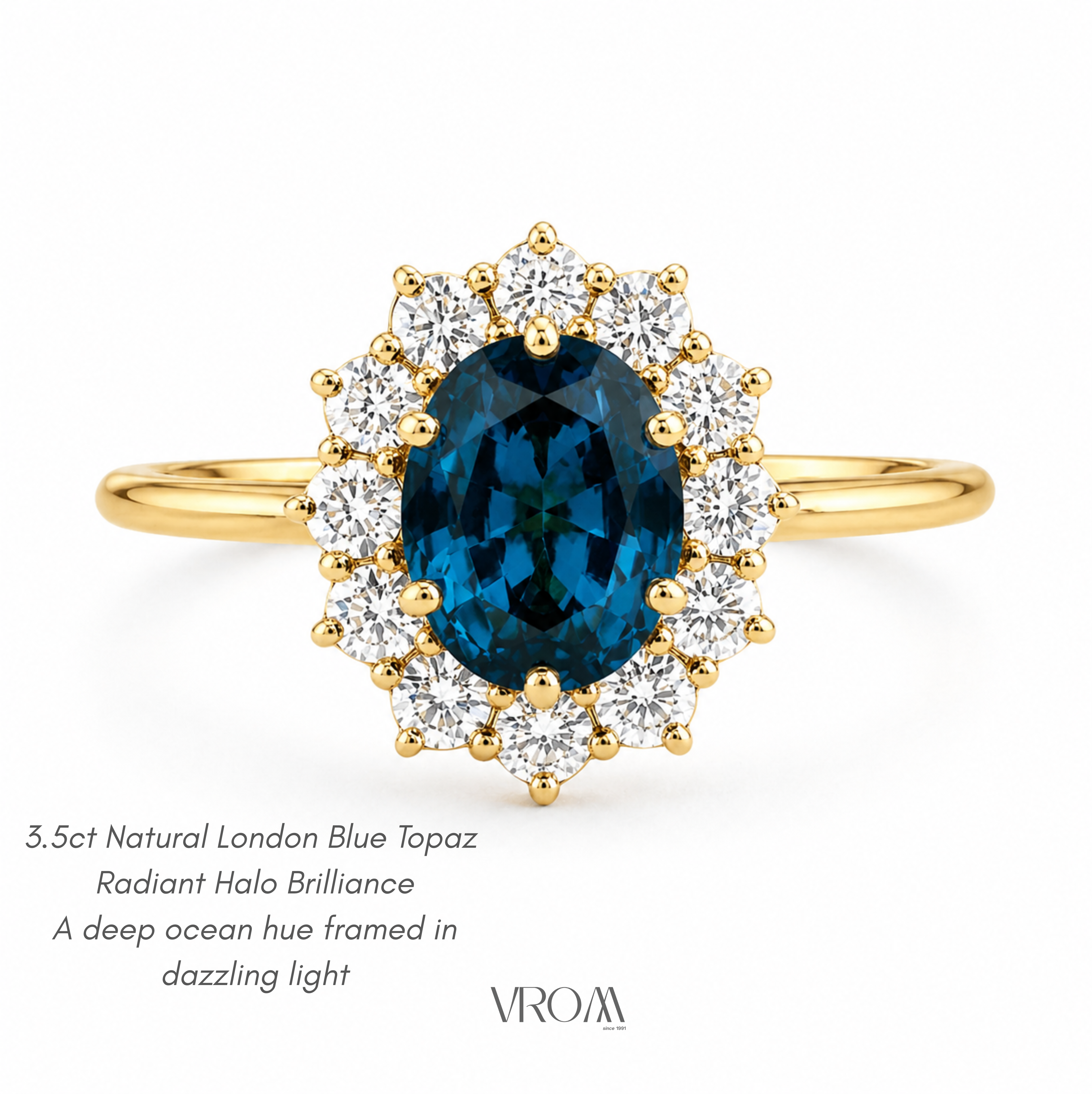 London Blue Topaz Halo Ring | 3.5 CT Oval Gemstone | Lab Grown Diamond Halo | Vintage Style Engagement Ring | 14K Gold