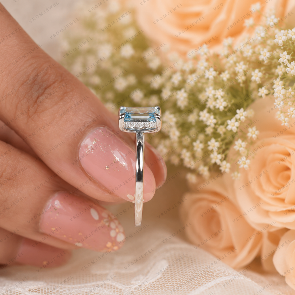 Blue Emerald Cut Lab Grown Diamond Ring, 1.50 Carat Blue Diamond Engagement Ring, Emerald Cut Solitaire Ring, Diamond Accent Setting