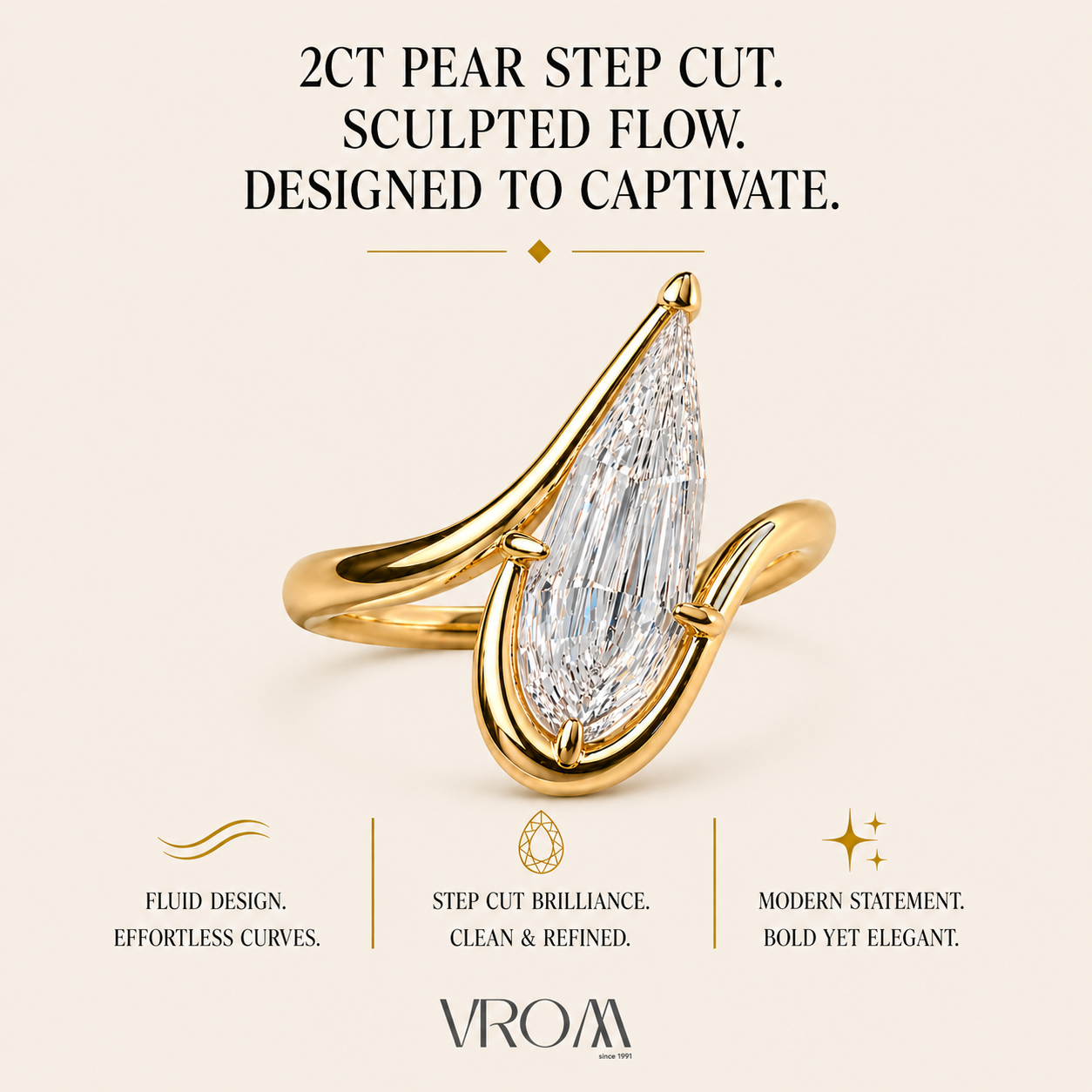 Pear Step Cut Lab Grown Diamond Ring | Sculpted Flow Wrap Design | Modern Engagement Ring | 14K Gold Proposal Ring