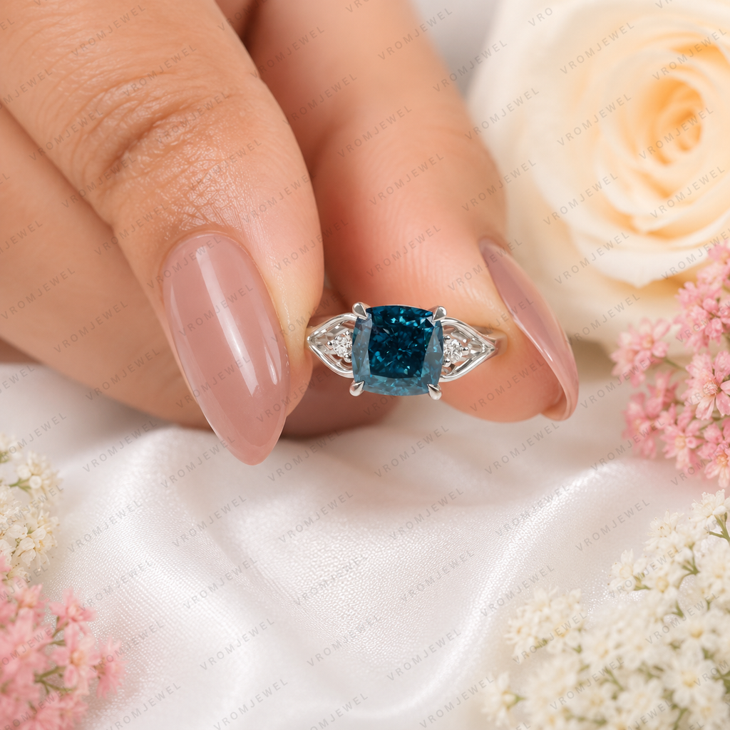 Blue Cushion Cut Lab Grown Diamond Ring, 3 Carat Blue Diamond Engagement Ring, Round Diamond Accents, Unique Statement Ring, 10K 14K 18KGold