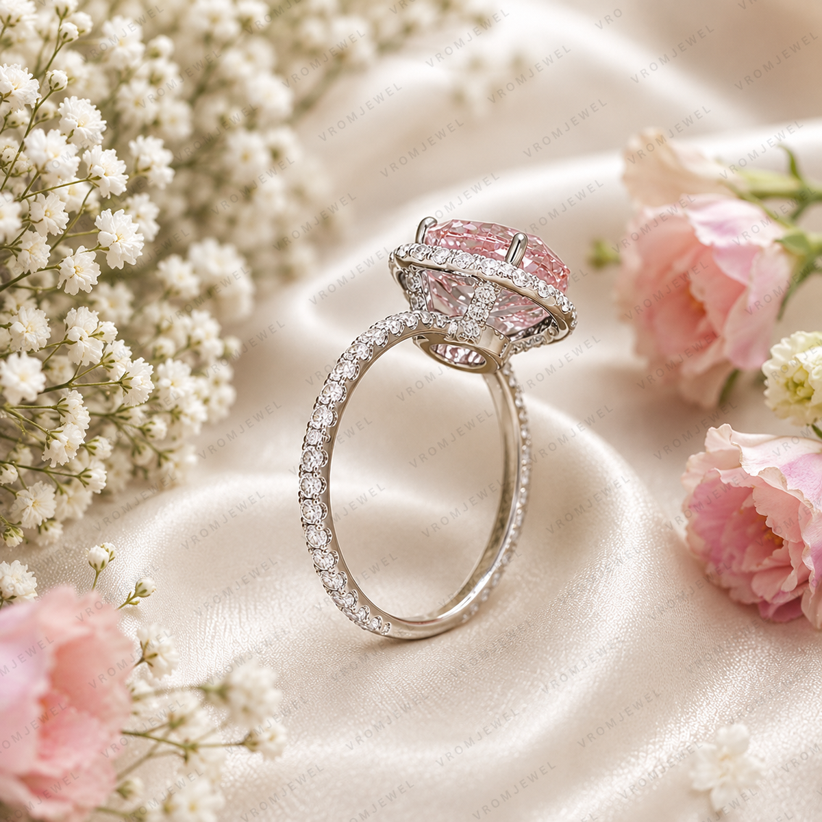 Pink Oval Lab Grown Diamond Engagement Ring, 2.50 Carat Pink Diamond Ring, Oval Halo Ring, Pave Diamond Band, Vintage Inspired Ring, 10K 14K