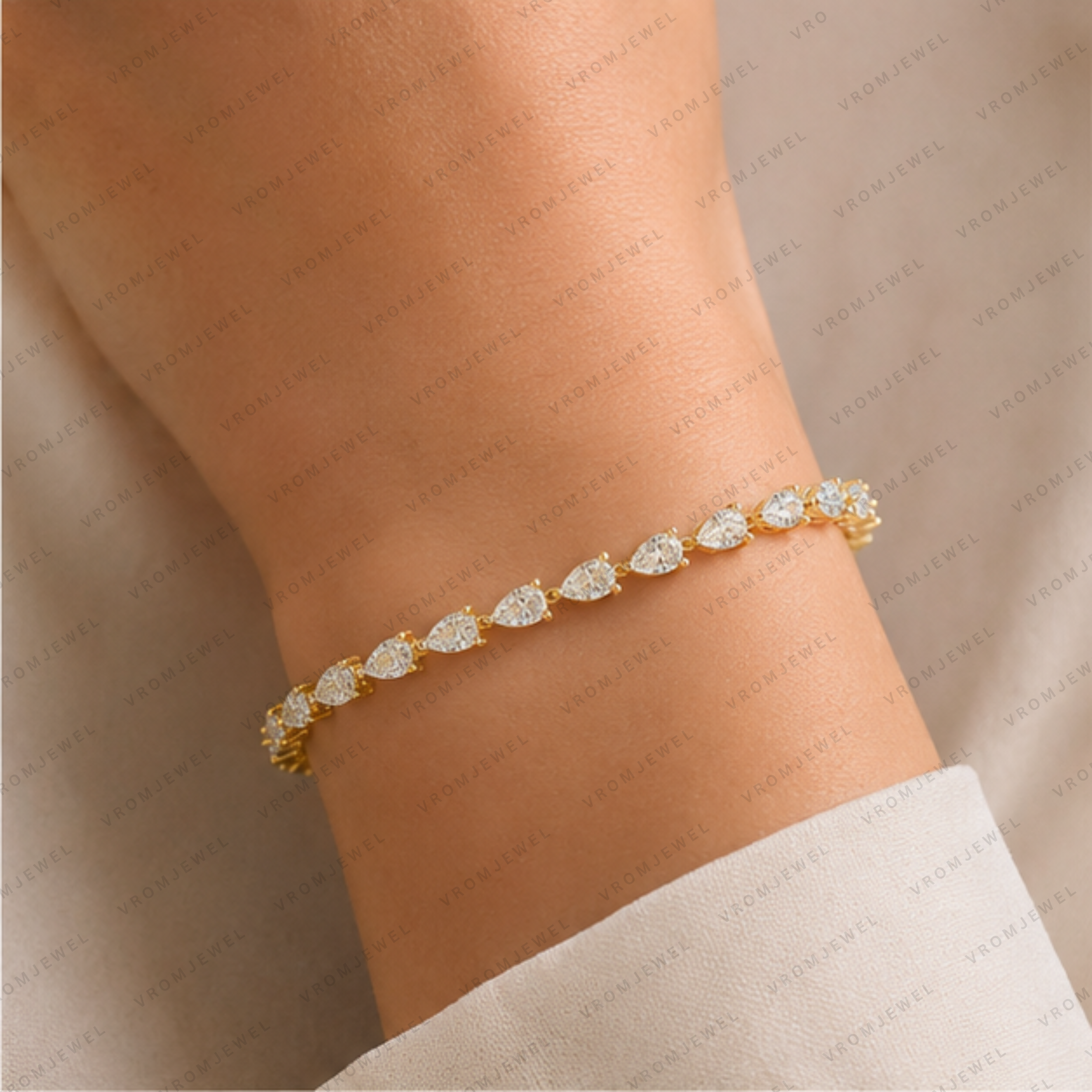 5.60ct Pear Cut Lab Grown Diamond Tennis Bracelet: 14k Gold Bridal Jewelry