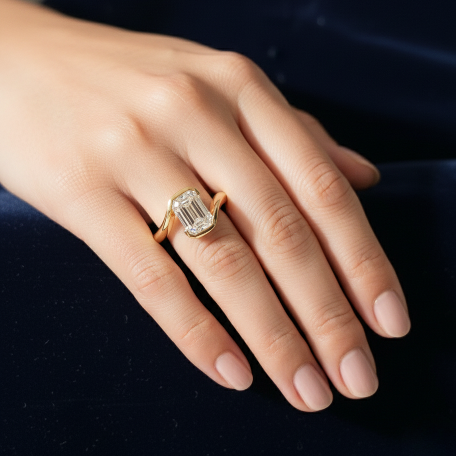 Modern Emerald Cut Bezel Bypass Ring | Lab Grown Diamond | 14K Yellow Gold