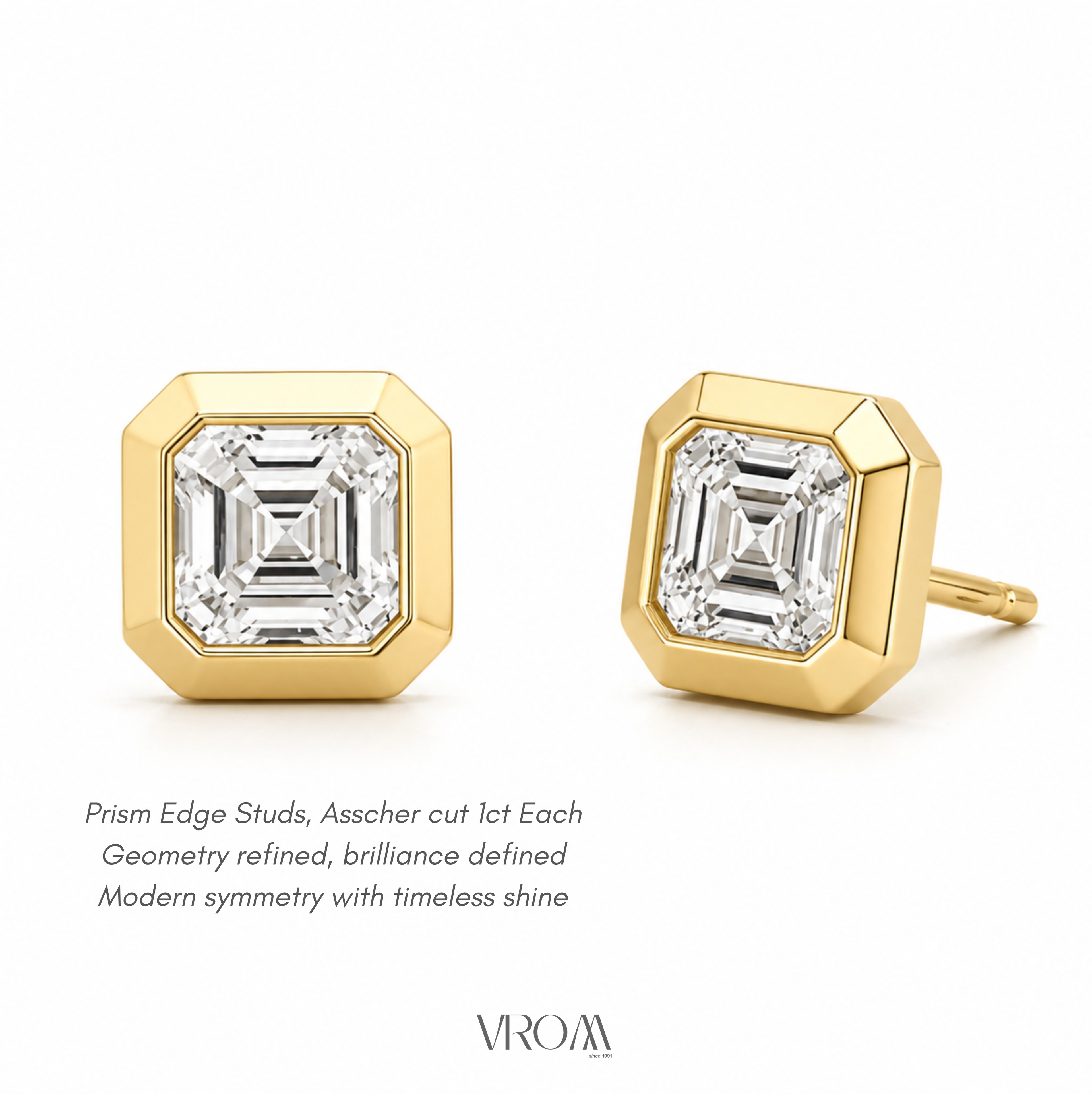 Asscher Cut Lab Grown Diamond Stud Earrings | 2 CTW | Bezel Set | Modern Geometric Studs | 14K Gold