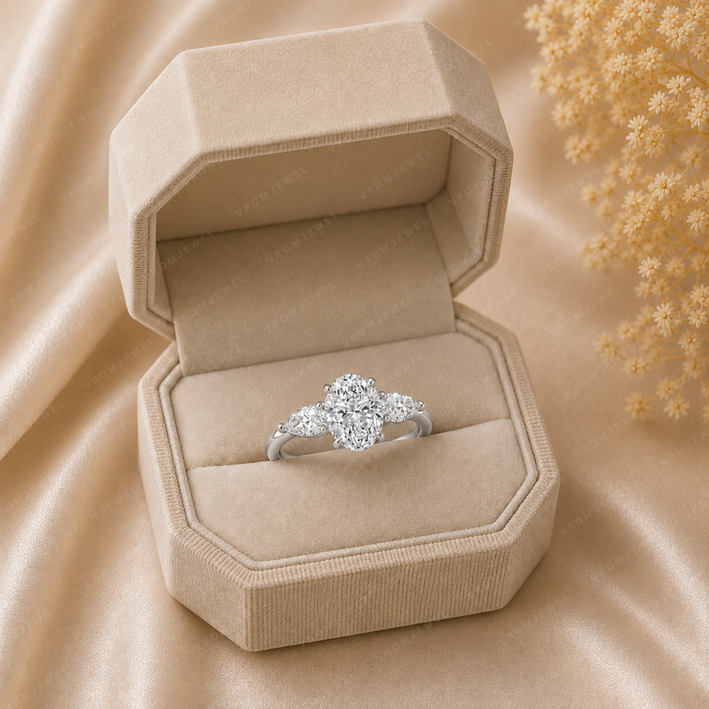 Oval Engagement Ring | Lab Grown Diamond | Pear Side Stones | Prong Set | 14K Yellow Gold