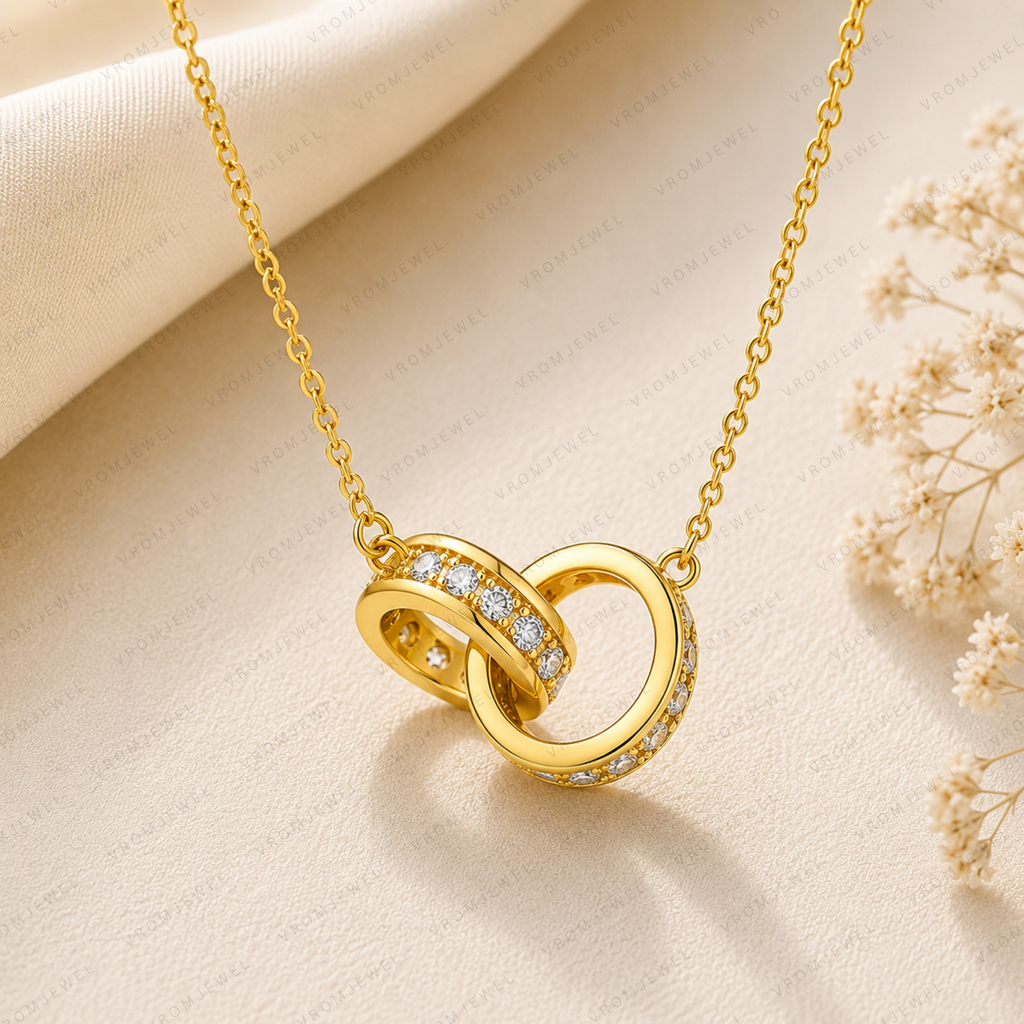 Interlocking Ring Lab Grown Diamond Necklace, Double Circle Necklace, Infinity Circle Pendant, Solid Gold Necklace, Minimalist Necklace