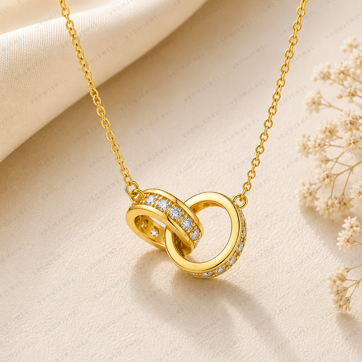 Interlocking Ring Lab Grown Diamond Necklace, Double Circle Necklace, Infinity Circle Pendant, Solid Gold Necklace, Minimalist Necklace