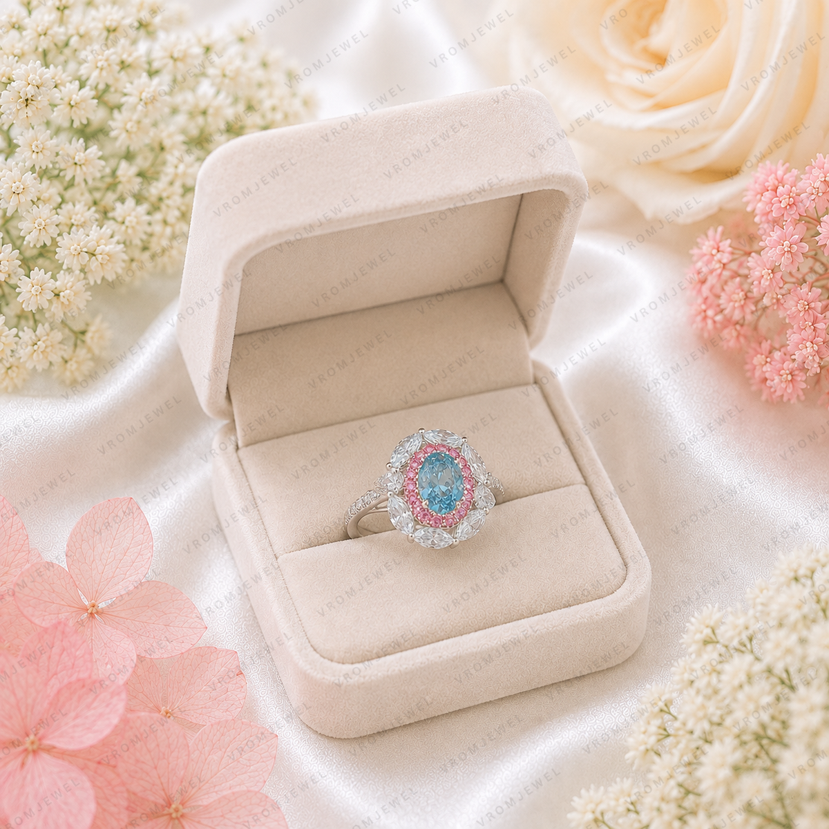 Blue Oval Lab Grown Diamond Ring, 1.30 Carat Blue Diamond Engagement Ring, Pink Round & F Color Marquise Accents, Floral Halo Ring