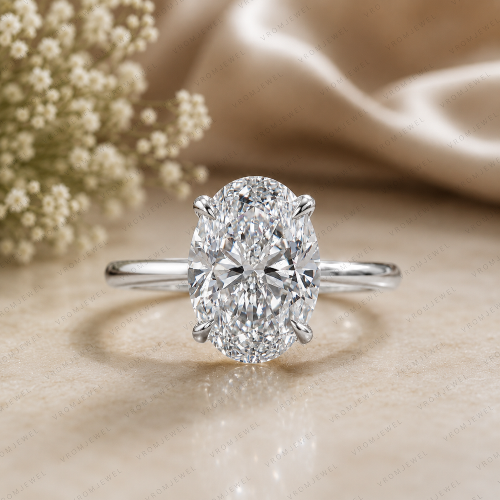 Oval Lab Grown Diamond Solitaire Ring in Handmade Solid 14K Gold