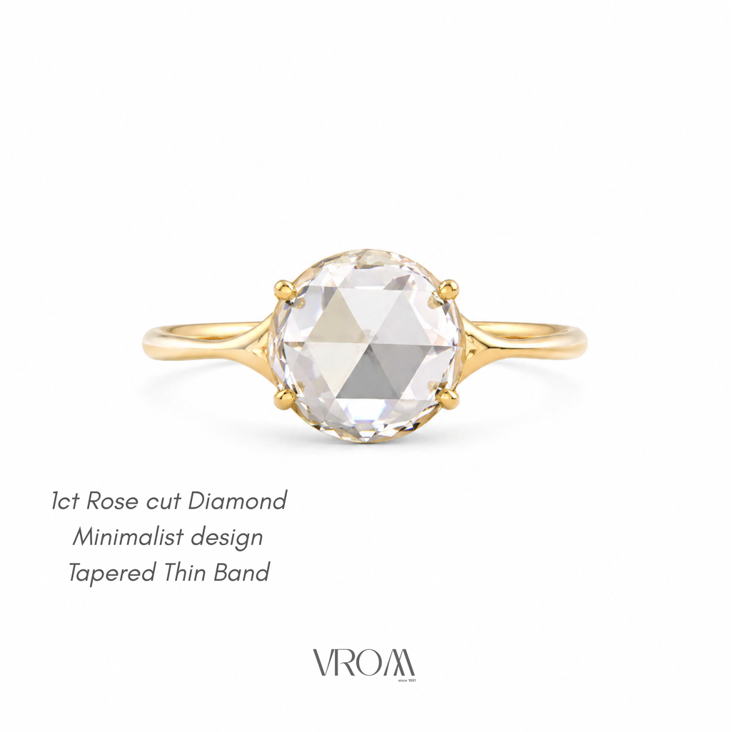 Rose Cut Lab Grown Diamond Minimalist Ring | 1 CT | Tapered Thin Band | Elegant Solitaire Ring | 14k Solid Gold
