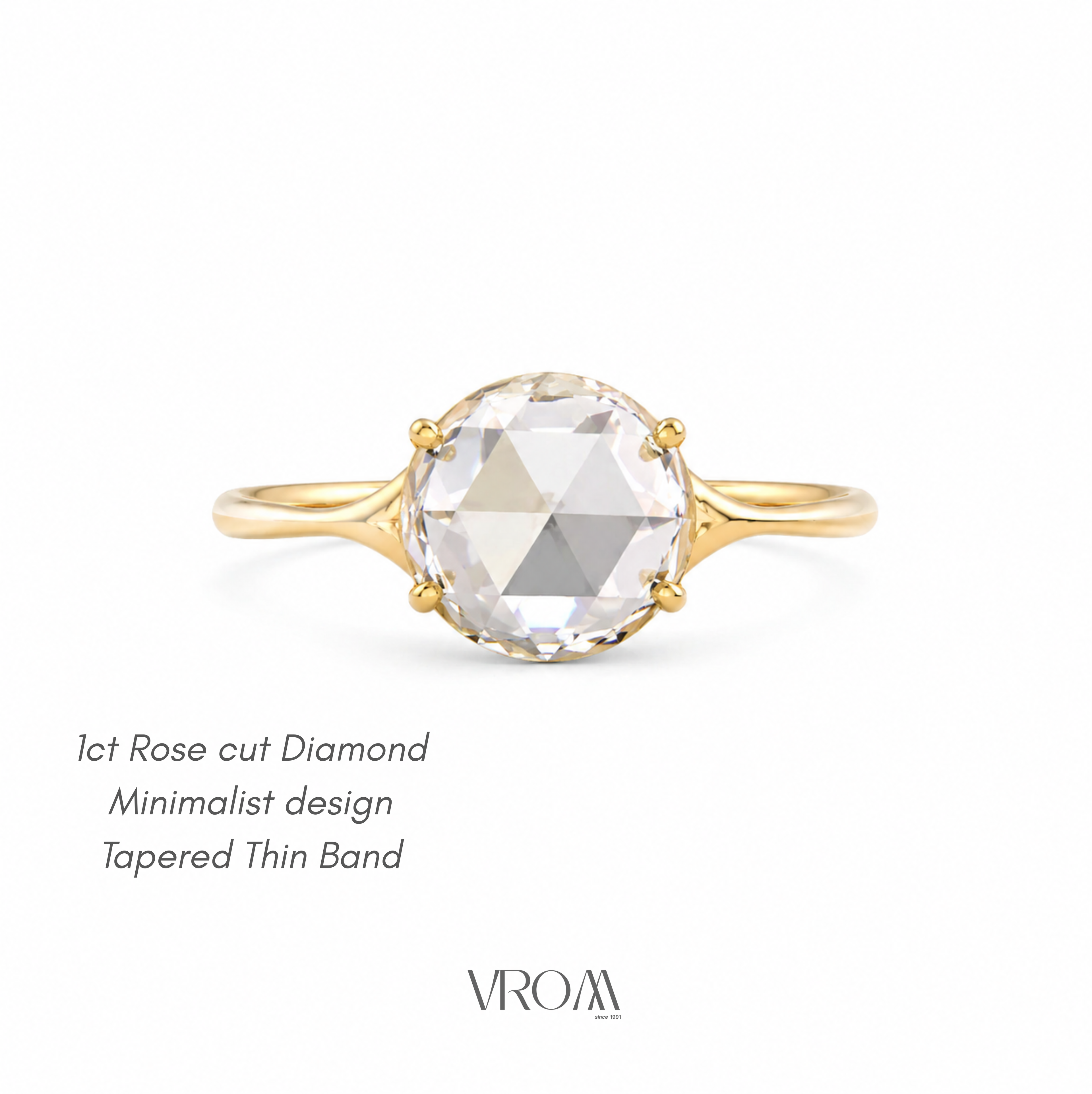 Rose Cut Lab Grown Diamond Minimalist Ring | 1 CT | Tapered Thin Band | Elegant Solitaire Ring | 14k Solid Gold