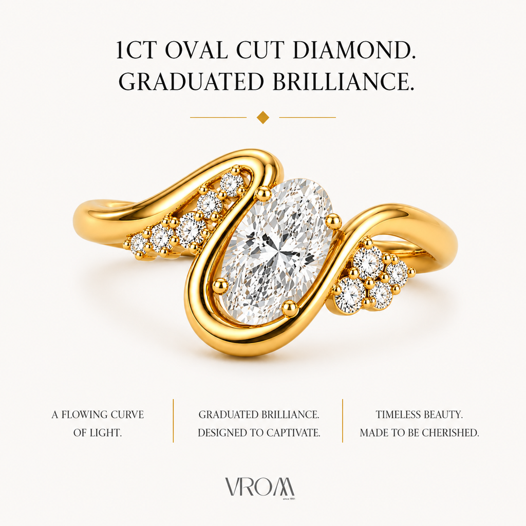 Oval Cut Lab Grown Diamond Ring | 1 CT IGI Certified | Graduated Accent Wrap Design | Modern Engagement Ring | 14K Gold
