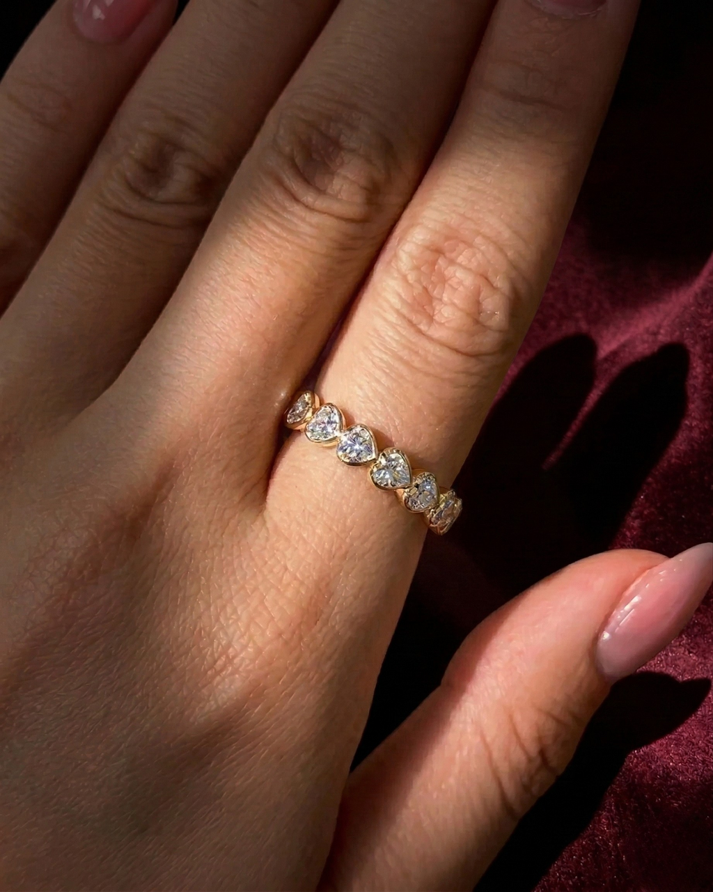 Heart Shape Diamond Half Eternity Band, Bezel Set Heart Diamond Wedding Band, Heart Diamond Anniversary Ring, Stackable Diamond Band.