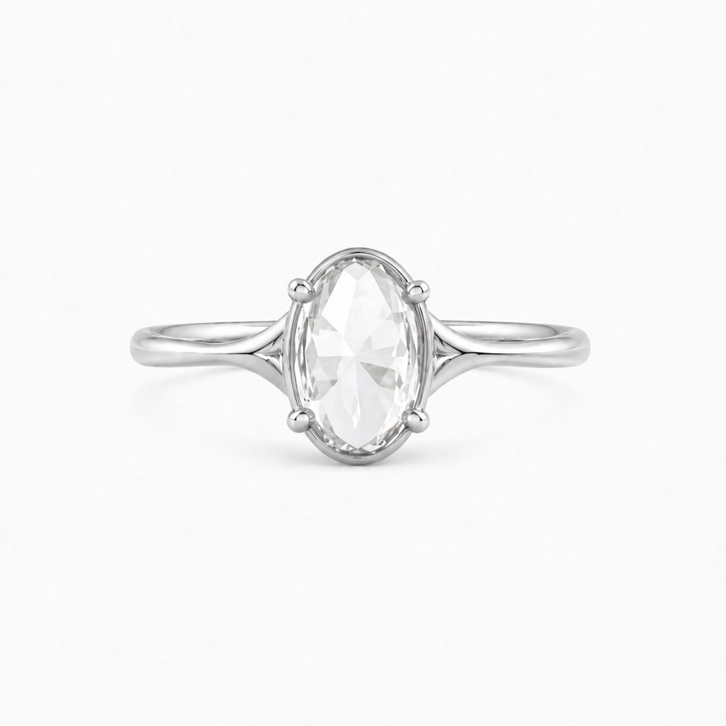 Oval Rose Cut Lab Grown Diamond Ring | 1 CT | Bezel with 4 Prong Setting | Vintage Style Engagement Ring | 14K Gold