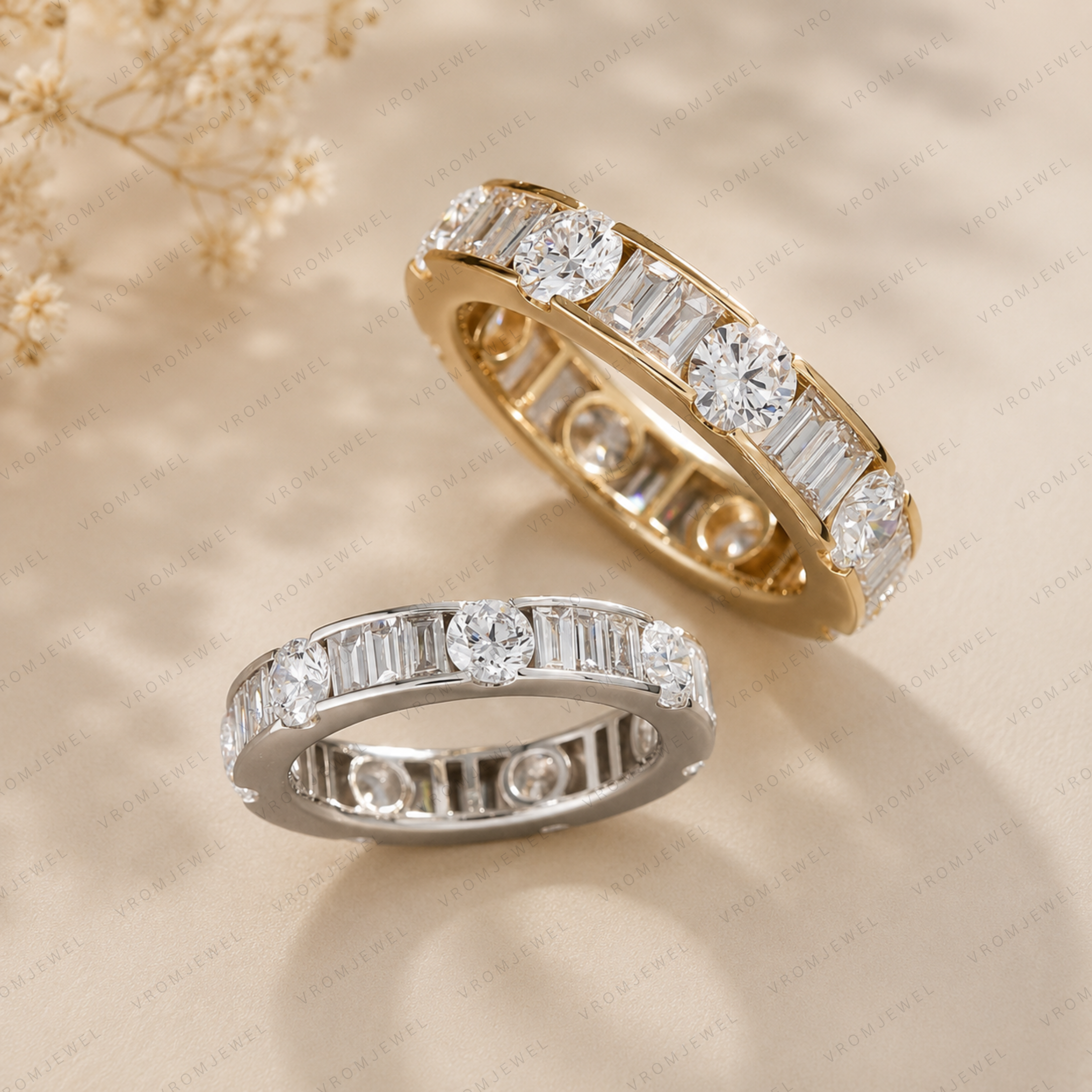 Lab Grown Diamond Eternity Band: 14K Gold Alternating Round & Baguette Anniversary Ring