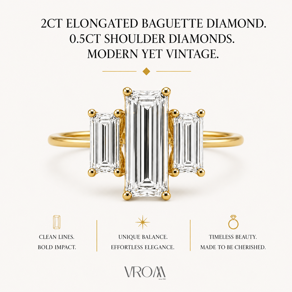 3 Stone Baguette Lab Grown Diamond Ring | 3 CT Total | Step Cut Engagement Ring | 14K Gold Proposal Ring