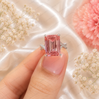 Pink Emerald Cut Lab Grown Diamond Engagement Ring, Halo Diamond Ring, Pink Diamond Ring, Pavé Band, 4 Prong Setting, 10K 14K 18K Gold