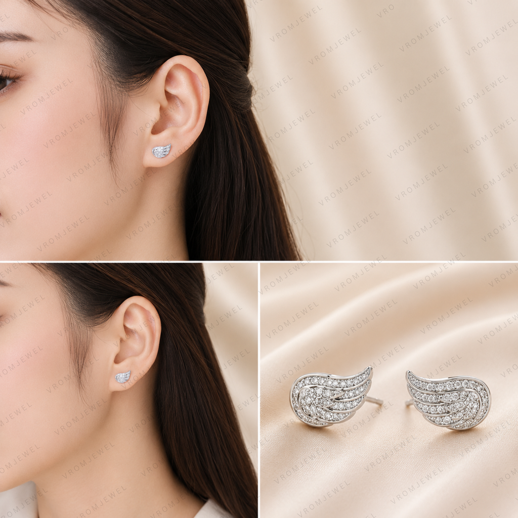 Angel Wings Stud Earrings, Lab Grown Diamond Wing Earrings, Guardian Angel Earrings, Solid Gold Stud Earrings, Minimalist Diamond Earrings