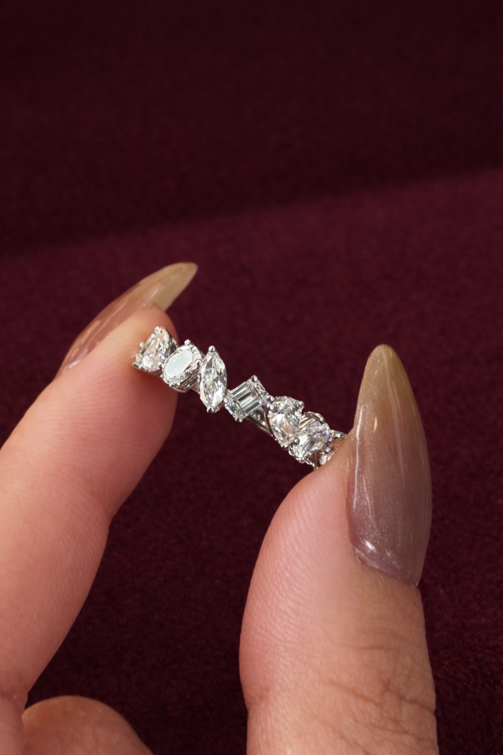 Mixed Shape Diamond Band, Pear Marquise Oval Emerald Diamond Ring, Unique Diamond Wedding Band, Modern Diamond Anniversary Ring