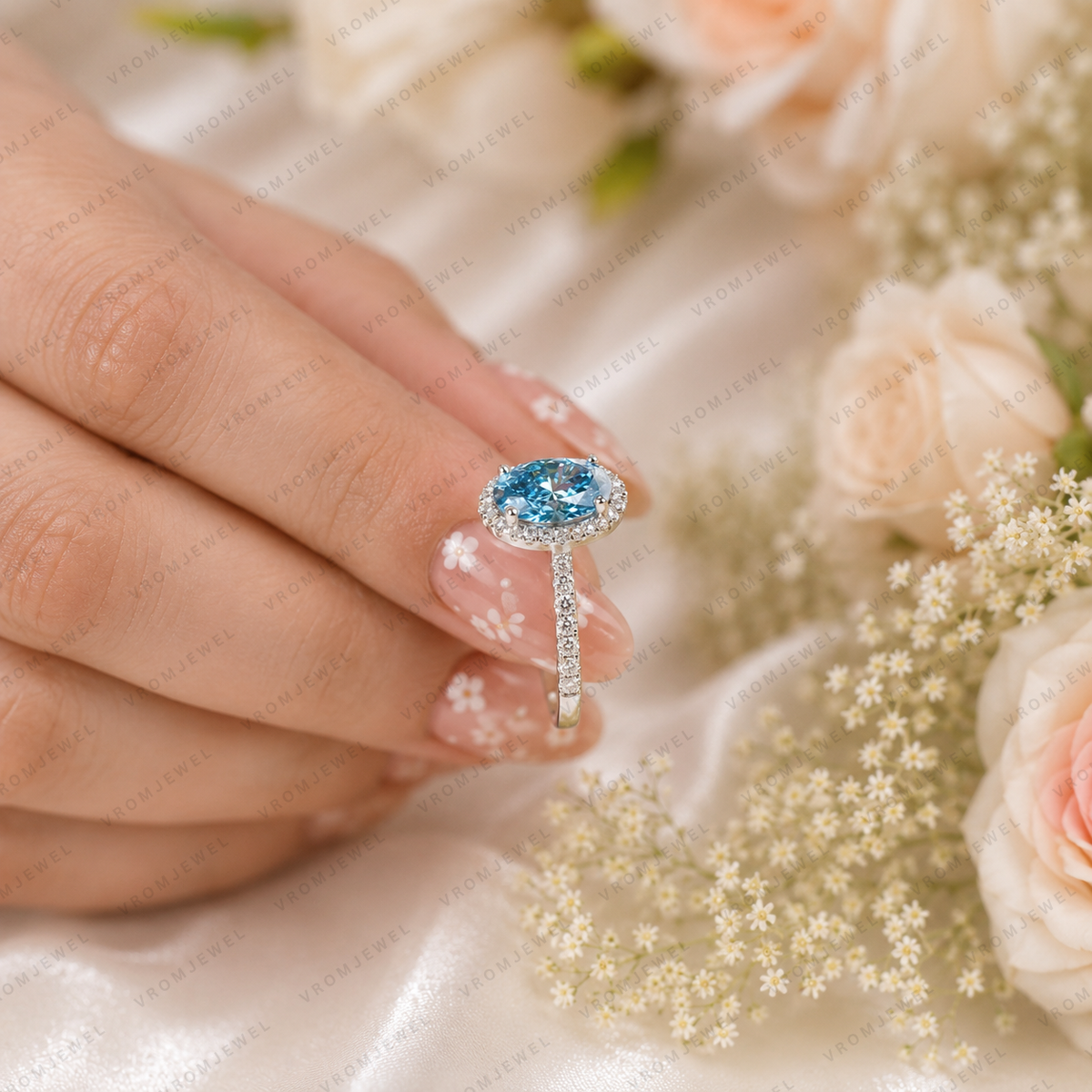 Blue Oval Lab Grown Diamond Ring, 2 Carat Blue Diamond Engagement Ring, Oval Cut Halo Ring, Pavé Diamond Halo, Classic Bridal Ring