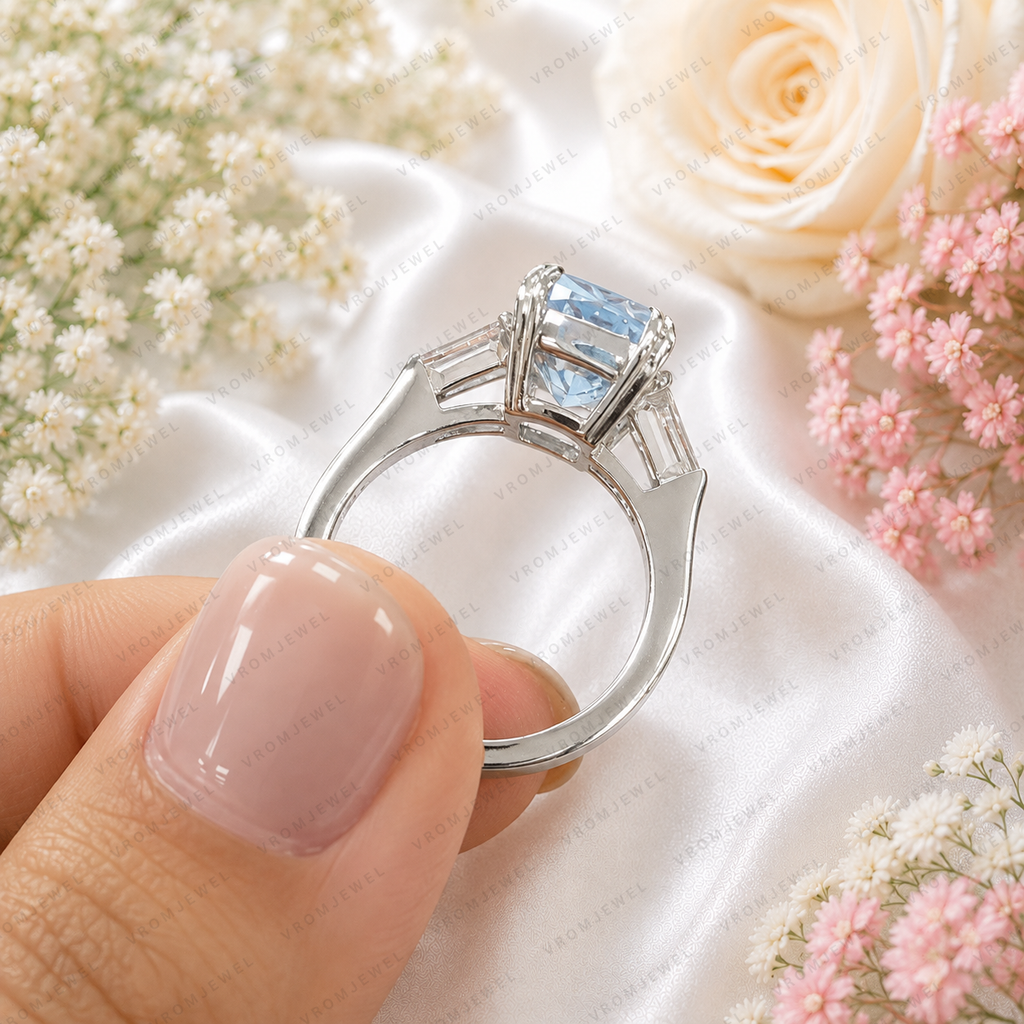 Blue Cushion Cut Lab Grown Diamond Ring, 3 Carat Blue Diamond Engagement Ring, Baguette Side Stones, Statement Ring, Pavé Band, 10K 14K 18K