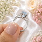 Blue Cushion Cut Lab Grown Diamond Ring, 3 Carat Blue Diamond Engagement Ring, Baguette Side Stones, Statement Ring, Pavé Band, 10K 14K 18K