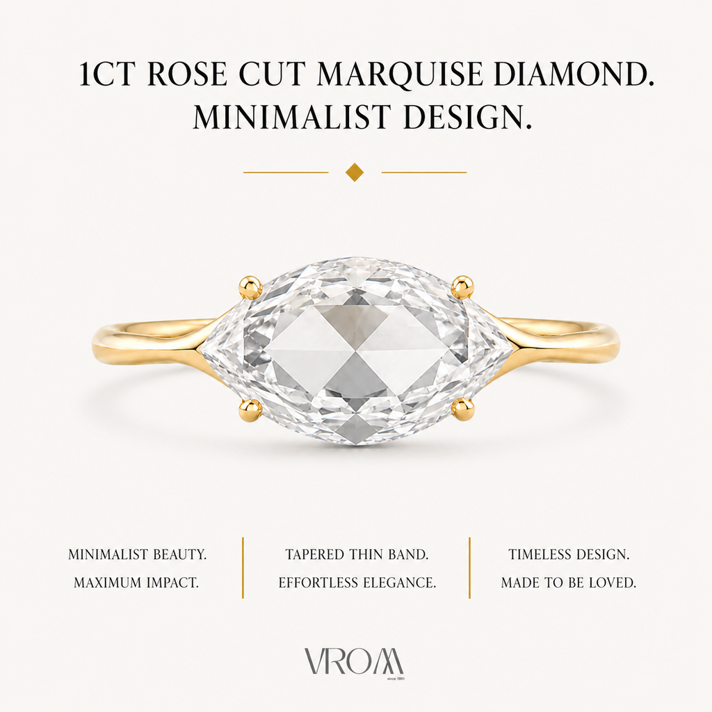 East West Marquise Rose Cut Lab Grown Diamond Ring | 1 CT | Minimalist Thin Band | Modern Solitaire Ring
