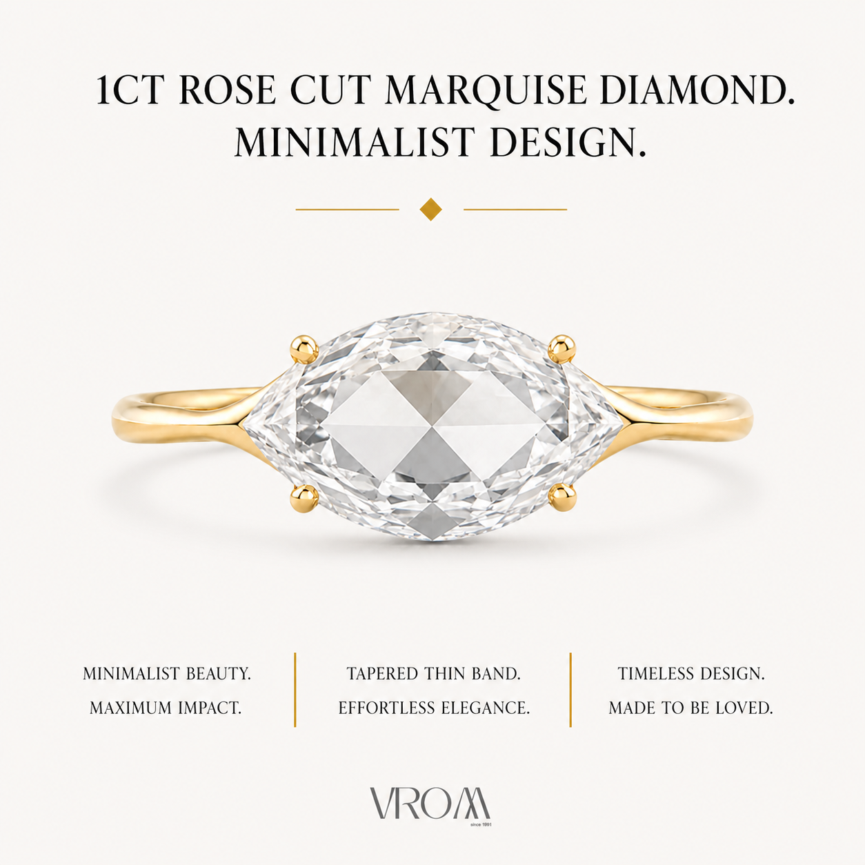 East West Marquise Rose Cut Lab Grown Diamond Ring | 1 CT | Minimalist Thin Band | Modern Solitaire Ring