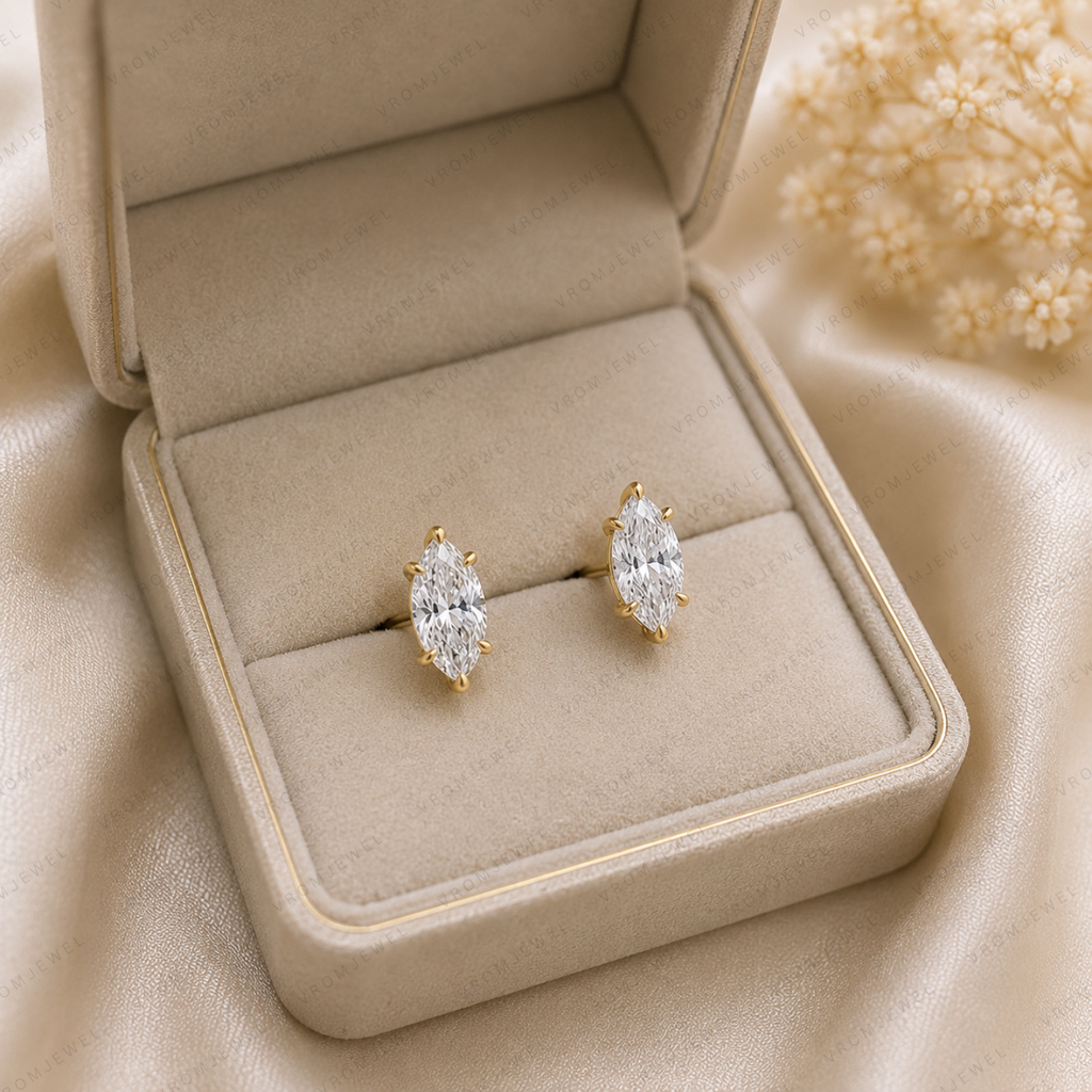Marquise Lab Grown Diamond Stud Earrings in Solid 14K Gold for Women