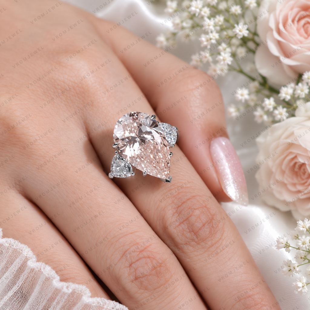 10 Carat Pink Pear Lab Grown Diamond Engagement Ring, Triangle Diamond Accents, Pink Pear Shape Ring, Statement Bridal Ring