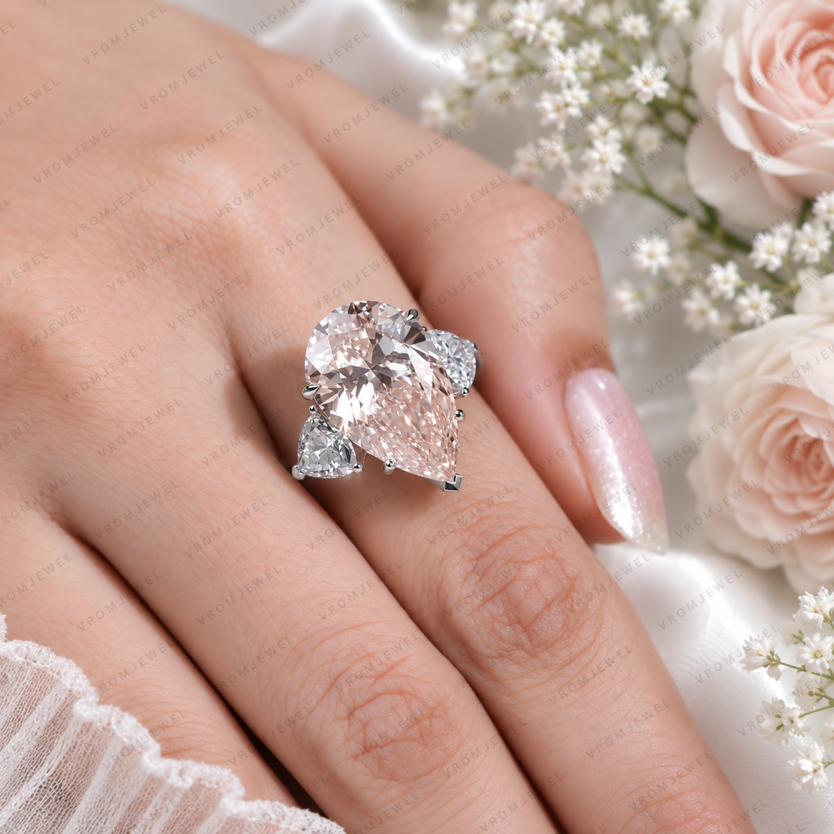 10 Carat Pink Pear Lab Grown Diamond Engagement Ring, Triangle Diamond Accents, Pink Pear Shape Ring, Statement Bridal Ring
