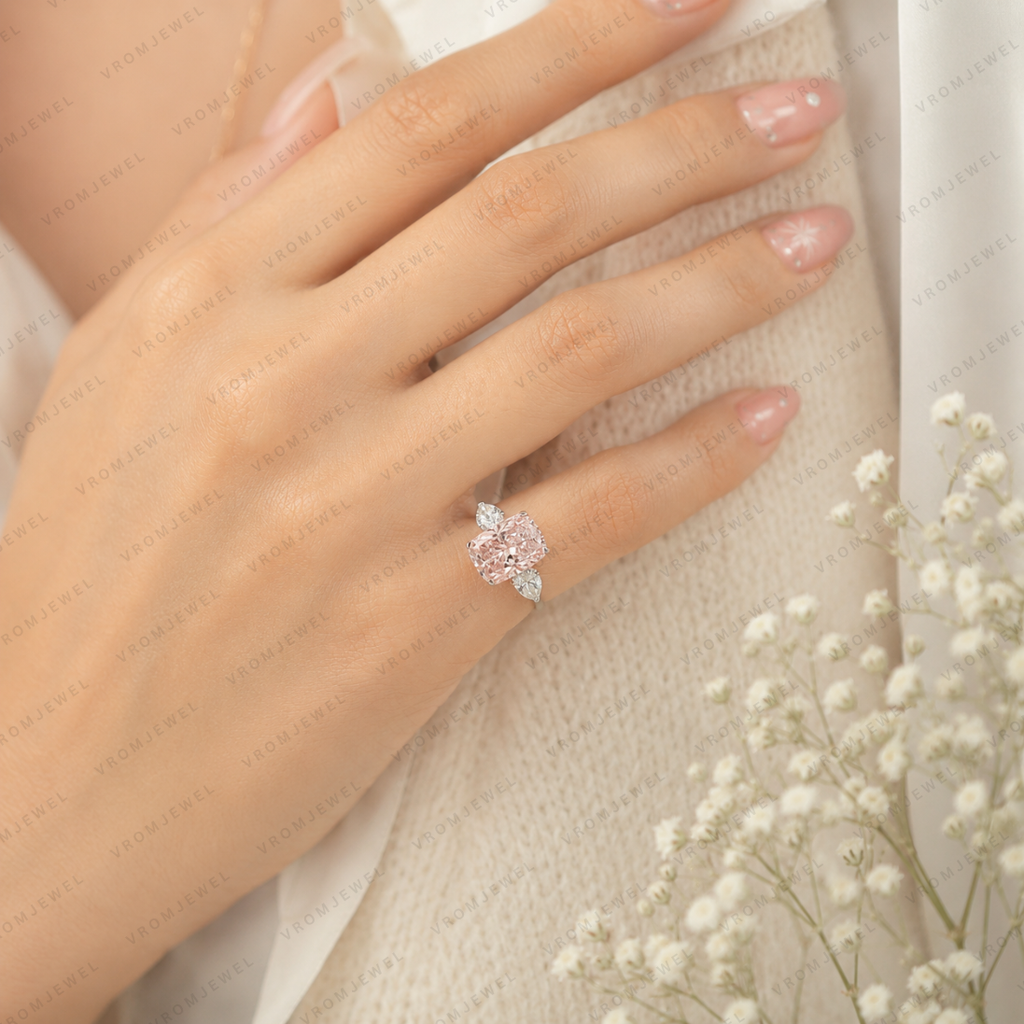 Pink Cushion Cut Lab Grown Diamond Engagement Ring, Vintage Inspired Diamond Ring, Pavé Halo Ring, 10K 14K 18K Gold