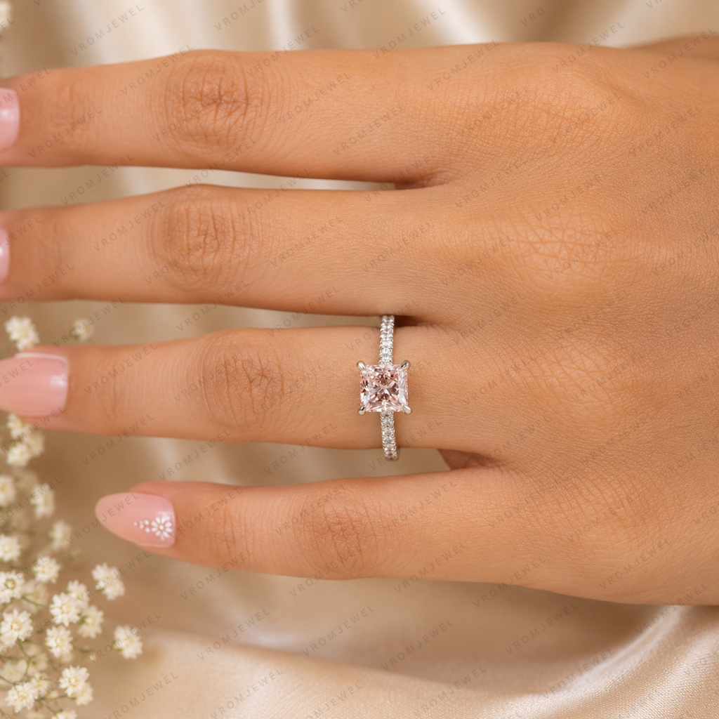 Pink Princess Cut Lab Grown Diamond Engagement Ring, Pavé Diamond Band, Minimalist Pink Diamond Ring, Elegant Bridal Ring, 10K 14K 18K Gold