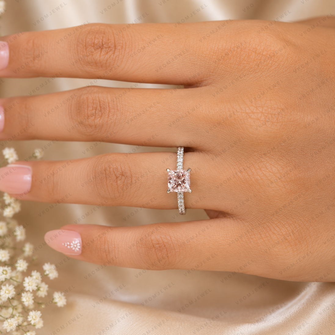 Pink Princess Cut Lab Grown Diamond Engagement Ring, Pavé Diamond Band, Minimalist Pink Diamond Ring, Elegant Bridal Ring, 10K 14K 18K Gold
