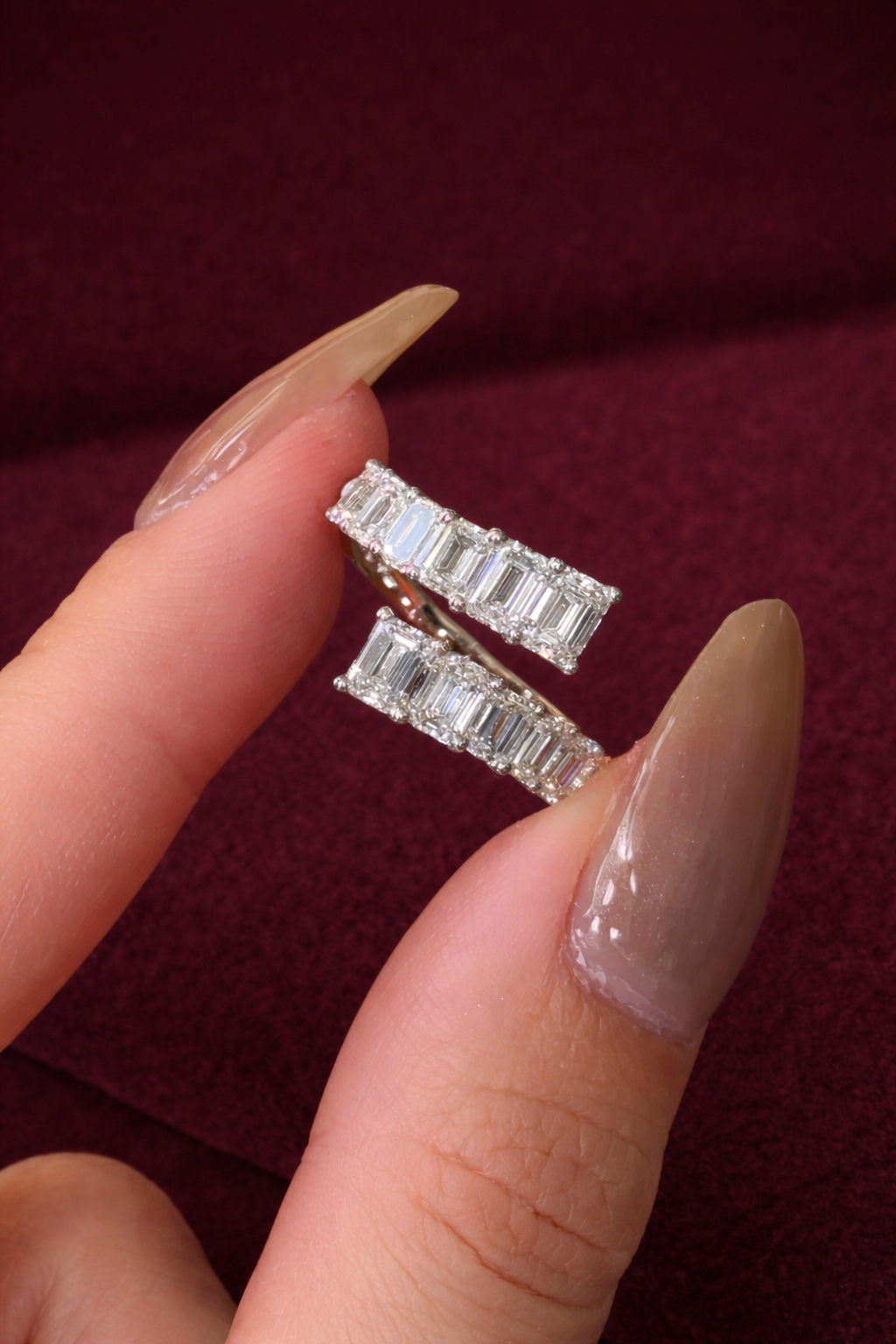 Graduated Emerald Diamond Bypass Ring, Emerald Cut Diamond Twist Ring, Modern Bypass Diamond Engagement Ring, Unique Diamond Statement Ring