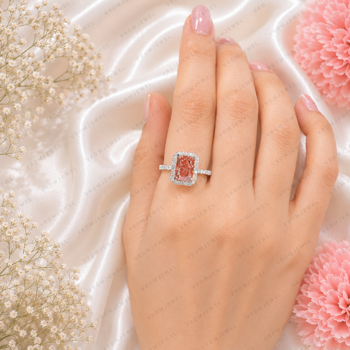 Pink Radiant Cut Lab Grown Diamond Engagement Ring, Halo Diamond Ring, Pink Diamond Ring, Pavé Band, 4 Prong Setting, 10K 14K 18K Gold