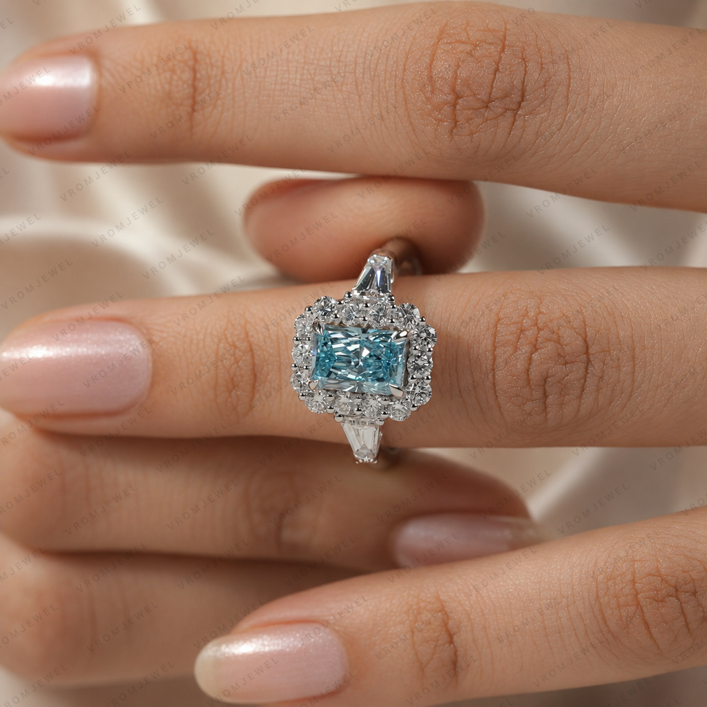 Blue Radiant Cut Lab Grown Diamond Ring, 2 Carat Blue Diamond Engagement Ring, Halo Ring, Baguette Side Stones, Statement Ring, 10K 14K 18K