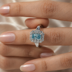 Blue Radiant Cut Lab Grown Diamond Ring, 2 Carat Blue Diamond Engagement Ring, Halo Ring, Baguette Side Stones, Statement Ring, 10K 14K 18K