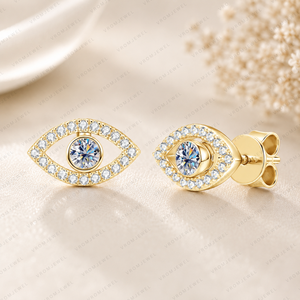 Evil Eye Lab Grown Diamond Stud Earrings, Eye Shape Diamond Earrings, Solid Gold Evil Eye Studs, Minimalist Diamond Earrings, Gift For Her